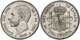 1885*1886. Alfonso XII. MSM. 1 peseta. (Cal. 62). 4,95 g. Rayitas y golpe. (MBC).