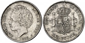 1893*1893. Alfonso XIII. PGL. 1 peseta. (Cal. 39). 4,96 g. Golpes en borde. (MBC+).