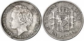 1894*1-94. Alfonso XIII. PGV. 1 peseta. (Cal. 40). 4,80 g. Plata agria. Escasa. (MBC).