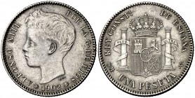 1902*1902. Alfonso XIII. SMV. 1 peseta. (Cal. 48). 4,95 g. MBC+.