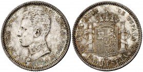 1904*1904. Alfonso XIII. SMV. 1 peseta. (Cal. 50). 5,08 g. Leves rayitas. Preciosa pátina. EBC/EBC+.