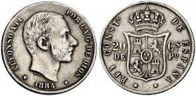 1884. Alfonso XII. Manila. 20 centavos. (Cal. 91). 4,94 g. Rayitas. Escasa. MBC-.