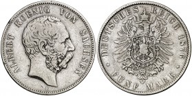 1876. Alemania. Sajonia. Alberto. E (Muldenhutten). 5 marcos. (Kr. 1237). 27,37 g. AG. Rara. MBC-.