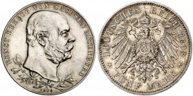 1903. Alemania. Sajonia-Altenburg. Ernesto I. A (Berlín). 5 marcos. (Kr. 40). 27,73 g. AG. 50 años de reinado. EBC-.