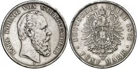 1875. Alemania. Württemberg. Carlos I. F (Stuttgart). 5 marcos. (Kr. 623). 27,60 g. AG. Golpecitos. Rara. MBC-.