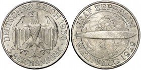 1930. Alemania. A (Berlín). 3 marcos. (Kr. 67). 14,93 g. AG. Vuelo del Graf Zeppelin. Escasa. EBC+.