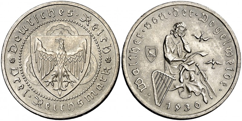 1930. Alemania. A (Berlín). 3 marcos. (Kr. 69). 15 g. AG. Von Der Vogelweide. Es...