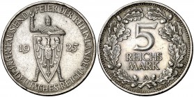 1925. Alemania. A (Berlín). 5 marcos. (Kr. 47). 24,95 g. AG. Milenario de Renania. Leves golpecitos. Escasa. EBC.