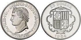 1964. Andorra. 25 diners. (Kr.UWC. M4). 13,96 g. AG. Napoleón. Acuñación de 2350 ejemplares. Proof.