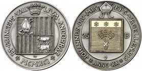 1991. Andorra. 25 diners. (Kr. 69). 26,72 g. AG/AU. 20º Aniversario del copríncipe episcopal. Acuñación de 2500 ejemplares. Con certificado. Escasa. S...