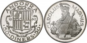 1960. Andorra. 50 diners. (Kr.UWC. M1). 28,03 g. AG. Carlomagno. Acuñación de 3100 ejemplares. Proof.