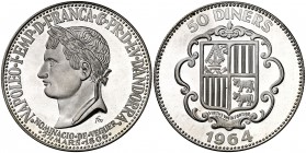 1964. Andorra. 50 diners. (Kr.UWC. M5). 28,10 g. AG. Napoleón. Proof.