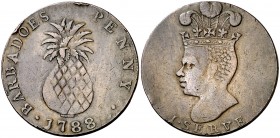 1788. Barbados. 1 penique (token). (Kr. Tn8). 13,60 g. CU. Golpecitos en canto. (MBC).