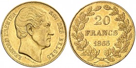1865. Bélgica. Leopoldo I. 20 francos. (Fr. 411) (Kr. 23). 6,44 g. AU. L. Wiener. MBC+.