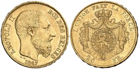 1867. Bélgica. Leopoldo II. 20 francos. (Fr. 412) (Kr. 32). 6,43 g. AU. MBC+.