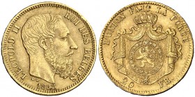 1868. Bélgica. Leopoldo II. 20 francos. (Fr. 412) (Kr. 32). 6,46 g. AU. Golpecitos. (MBC+).