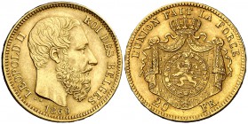 1869. Bélgica. Leopoldo II. 20 francos. (Fr. 412) (Kr. 32). 6,45 g. AU. MBC+.