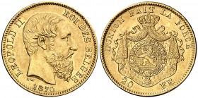 1870. Bélgica. Leopoldo II. 20 francos. (Fr. 412) (Kr. 32). 6,44 g. AU. MBC+.