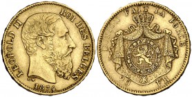 1874. Bélgica. Leopoldo II. 20 francos. (Fr. 412) (Kr. 37). 6,42 g. AU. MBC+.