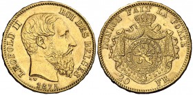 1875. Bélgica. Leopoldo II. 20 francos. (Fr. 412) (Kr. 37). 6,43 g. AU. Leves golpecitos. EBC-.