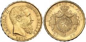 1876. Bélgica. Leopoldo II. 20 francos. (Fr. 412) (Kr. 37). 6,45 g. AU. MBC+.