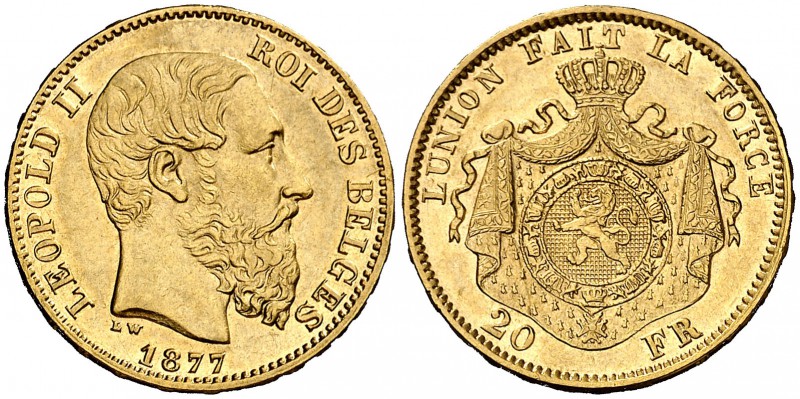 1877. Bélgica. Leopoldo II. 20 francos. (Fr. 412) (Kr. 37). 6,44 g. AU. EBC-.