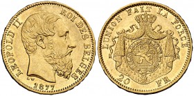 1877. Bélgica. Leopoldo II. 20 francos. (Fr. 412) (Kr. 37). 6,44 g. AU. EBC-.