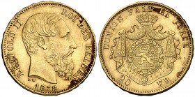 1878. Bélgica. Leopoldo II. 20 francos. (Fr. 412) (Kr. 37). 6,44 g. AU. MBC+.