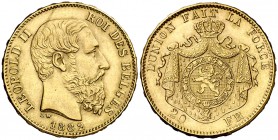 1882. Bélgica. Leopoldo II. 20 francos. (Fr. 412) (Kr. 37). 6,46 g. AU. EBC-.