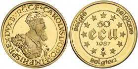 1987. Bélgica. Balduino I. 5 (AG) y 50 (AU) ecu. Carlos V. Serie de 2 monedas. S/C.