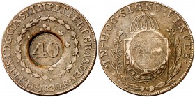 1830. Brasil. Pedro I. R (Río de Janeiro). 80 reis. (Kr. 444.1). 28,08 g. CU. Contramarca: 1835 (De Mey 421), para circular como 40 reis. MBC+.
