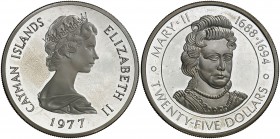 1977. Islas Caimán. Isabel II. 25 dólares. (Kr. 18). 51,64 g. AG. Reina María II. Proof.