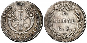 1836. Colombia. B (Nuevo Reino). 1 real. (Kr. 87.1). 2,91 g. AG. MBC+.