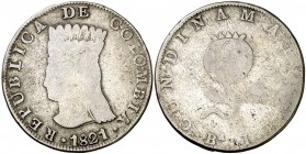 1821. Colombia. JF. 8 reales. (Kr. C6). 21,41 g. AG. BC+.