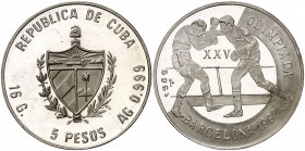 1989. Cuba. 5 pesos. (Kr. 224.1). 16,04 g. AG. Juegos Olímpicos - Barcelona '92. Boxeo. Escasa. Proof.