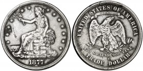 1877. Estados Unidos. S (San Francisco). 1 dólar de comercio. (Kr. 108). 27,03 g. AG. Golpecitos. Rara. (MBC-).