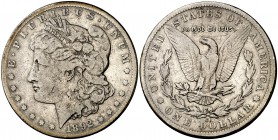 1892. Estados Unidos. CC (Carson City). 1 dólar. (Kr. 110). 26,24 g. AG. Muy rara. BC+.