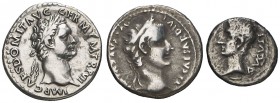 Lote formado por 2 denarios (Tiberio y Domiciano) y 1 quinario (Emérita). Total 3 monedas. Limpiadas. MBC-/MBC.