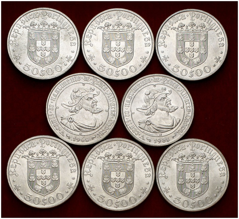 1968. Portugal. 50 escudos. (Kr. 593). AG. Pedro Alvares Cabral. Lote de 8 moned...
