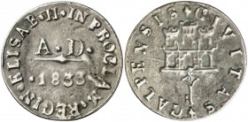 1833. Isabel II. San Roque. (Ha. 29) (V. 756) (V.Q. 13379). 8,81 g. 29 mm. Plata. Fundida. Muy escasa. MBC+.