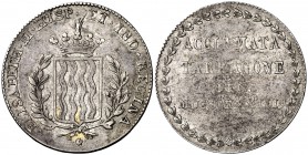 1833. Isabel II. Tarragona. (Ha. 32) (V. 760) (V.Q. 13382) (Cru.Medalles 260). 5,21 g. 26 mm. Plata. Parte de brillo original. MBC+.