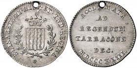 1843. Isabel II. Tarragona. Mayoria de edad. (Ha. 19) (V. falta) (V.Q. 13427) (Cru.Medalles 267). 2,61 g. 21 mm. Plata. Perforación. (MBC+).