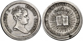 1837. Isabel II. Barcelona. Promulgación de la Constitución. (V. 774 var. metal) (V.Q. 14269) (Cru.Medalles 535). 7,22 g. 24 mm. Plata. Hojita en marg...