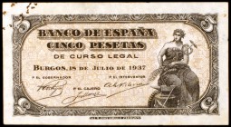 1937. Burgos. 5 pesetas. (Ed. D25). 18 de julio. Sin serie. Manchitas. Escaso. MBC.