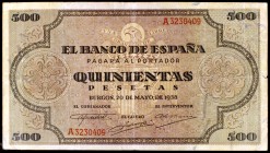 1938. Burgos. 500 pesetas. (Ed. D34). 20 de mayo. Raro. MBC-.
