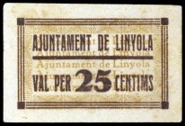 Linyola. 25 céntimos. (T. 1495). Cartón. Raro. EBC+.