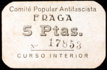 Fraga (Huesca). Comité Popular Antifascista. 5 pesetas. (KG. falta) (T. 207). Cartón. Escaso. MBC+