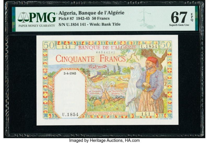 Algeria Banque de l'Algerie 50 Francs 3.4.1945 Pick 87 PMG Superb Gem Unc 67 EPQ...