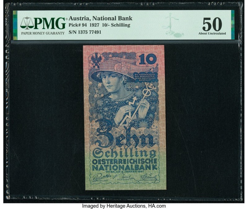 Austria Austrian National Bank 10 Schilling 1927 Pick 94 PMG About Uncirculated ...