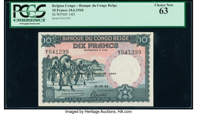 Belgian Congo Banque du Congo Belge 10 Francs 10.6.1944 Pick 14D PCGS Choice New...